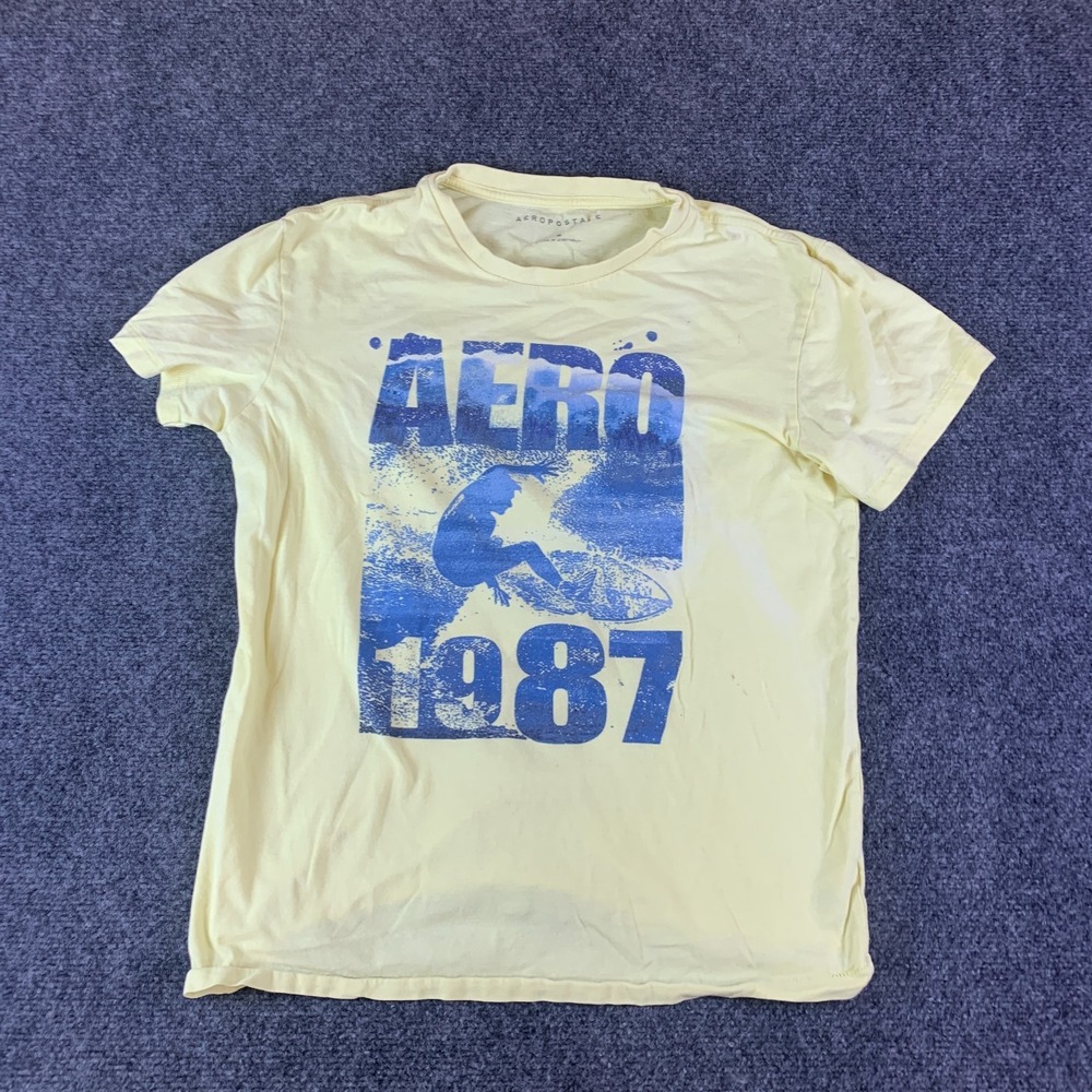 Aeropostale Aero 1987 Bold Surf T-Shirt Mens Small Yellow Printed Cotton Beach